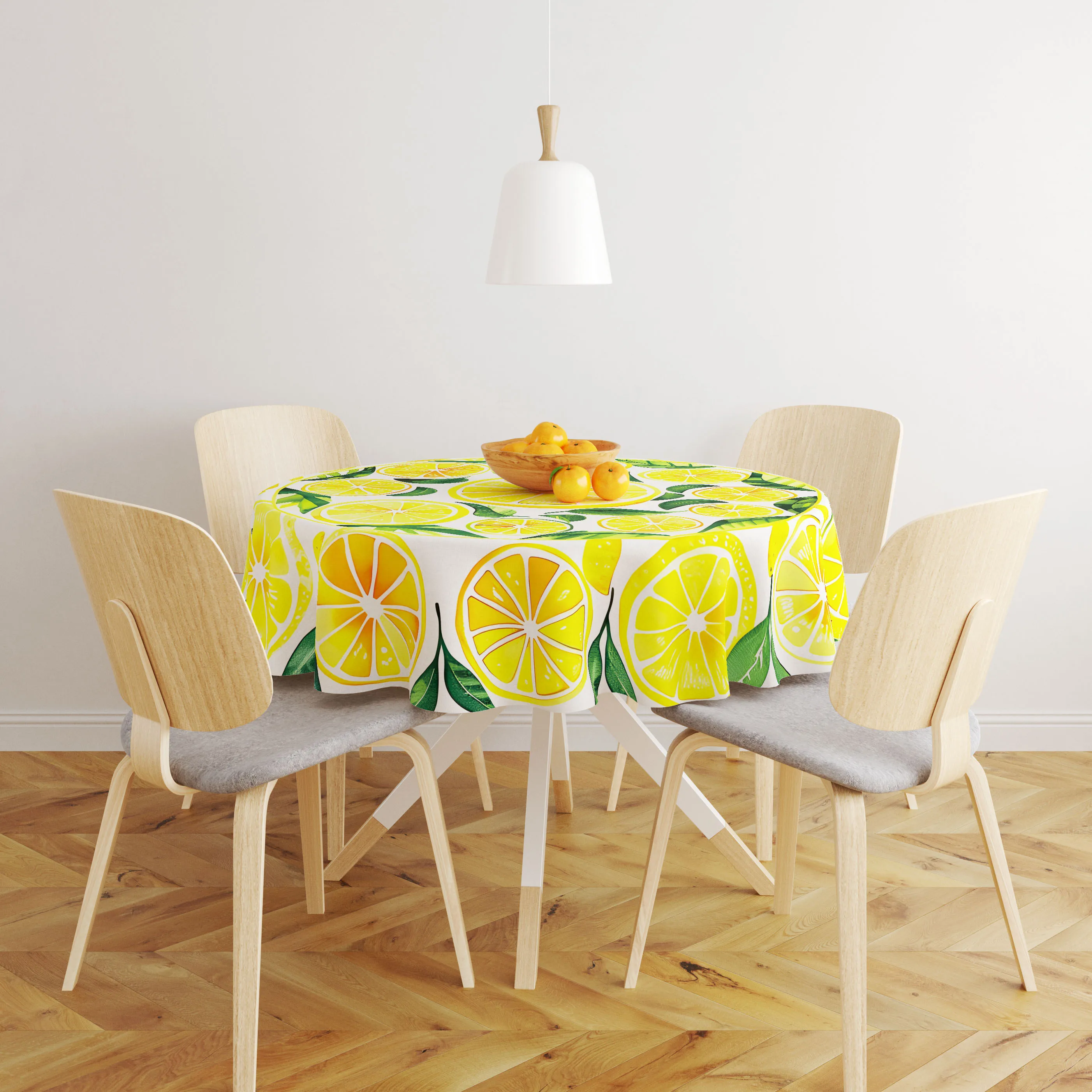 Round tablecloth with yellow lemon pattern print. 2D flat print.