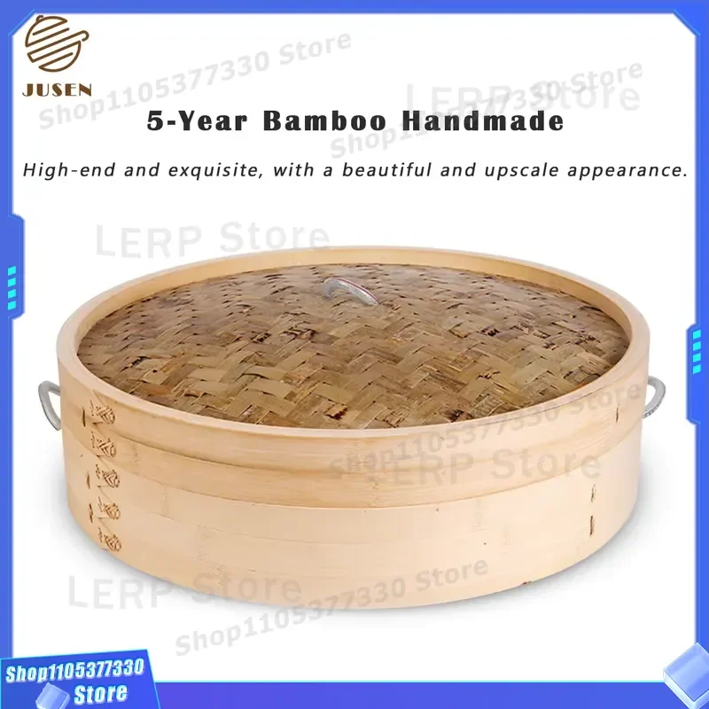 Large Handmade Bamboo Steamer with 304 Stainless Steel Ring for Dumplings Dim Sum Buns and Rice Commercial Kitchen Use