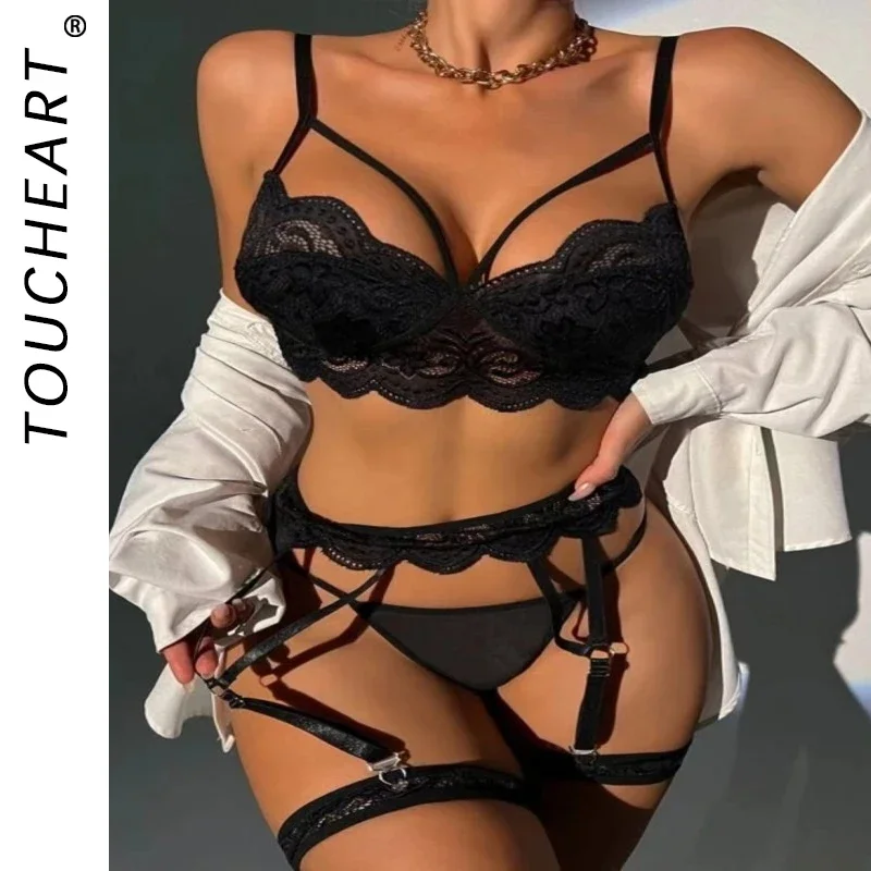 Toucheart Sexy Lace Underwear for Women Hollow Out Mesh Patchwork See-through Girdle Garter Belt Solid Color Sexy Lingerie Set