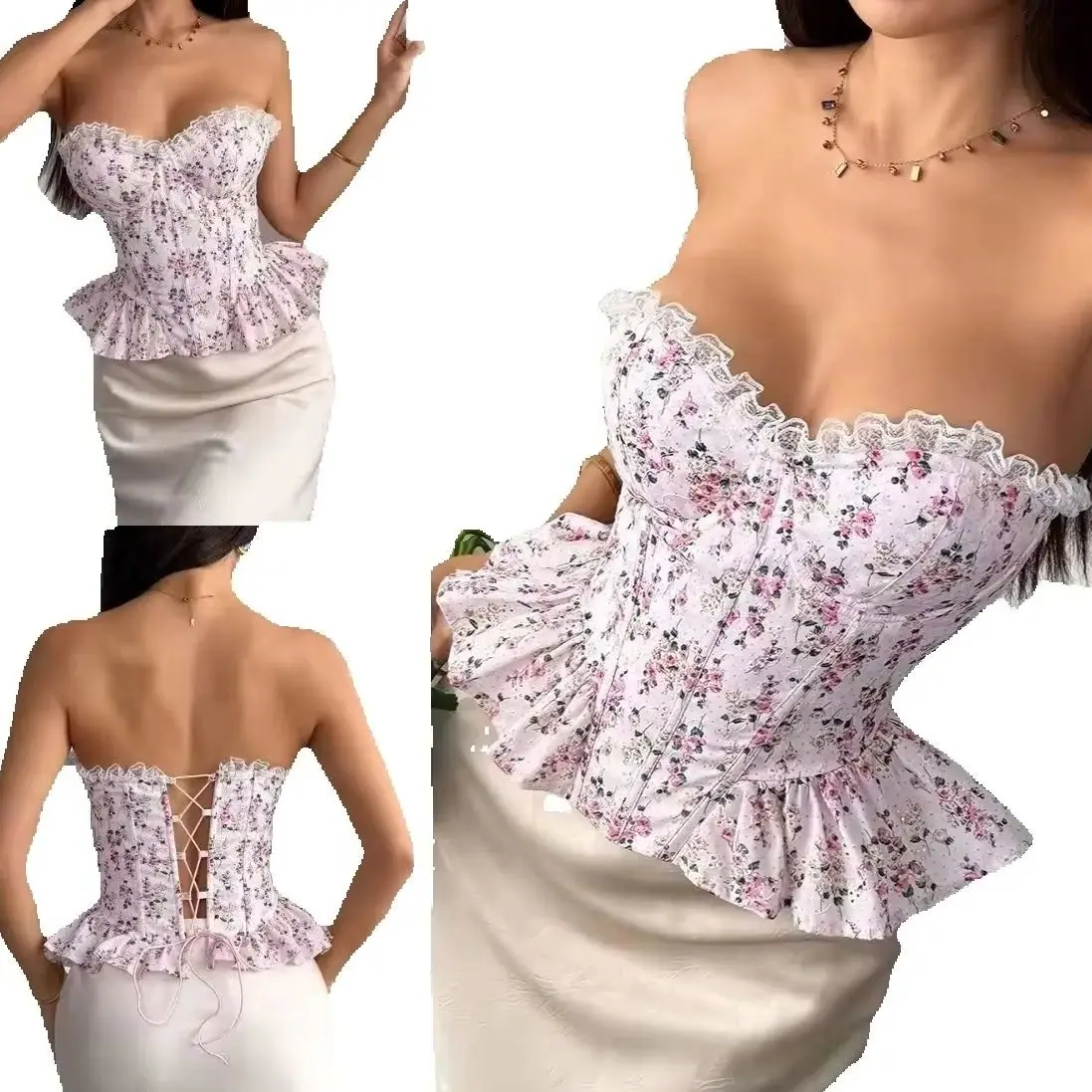 

Женский тонкий корсет с рыбьей косточкой для вечеринки, розовый корсет с цветочным принтом и рюшами по краям, милая майка для девочек, сексуальный ажурный жилет, лето 2025