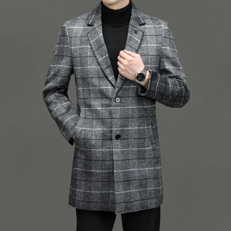 

2024 Autumn/Winter New Youth Korean Checkered Medium Length Woolen Windbreaker Men's Coat