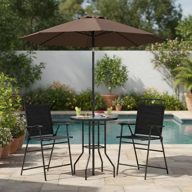 4 Piece Outdoor Patio Dining Furniture Set, 2 Folding Chairs, Adjustable Angle Umbrella, Wave Textured Tempered Glass Dinner Table, Black