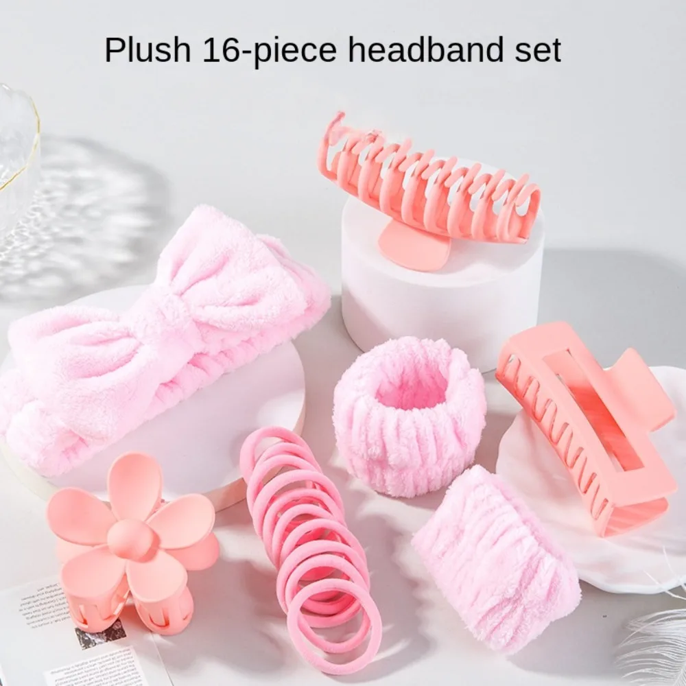 Wash Face Wrist Strap 16Pcs Face Washing Tools Hair Care Tool Versatile Plush Bow Headband Solid Color 16Pcs Hair Grip Hair Rope