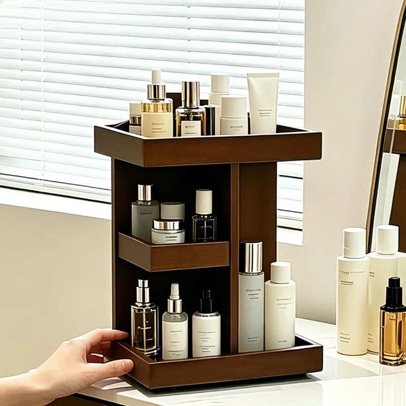 Wooden Cosmetic Storage Boxs Rotary Bedroom Dressing Organizer Luxury Multi-layer Shelf Convenient Stand Skincare Organizer