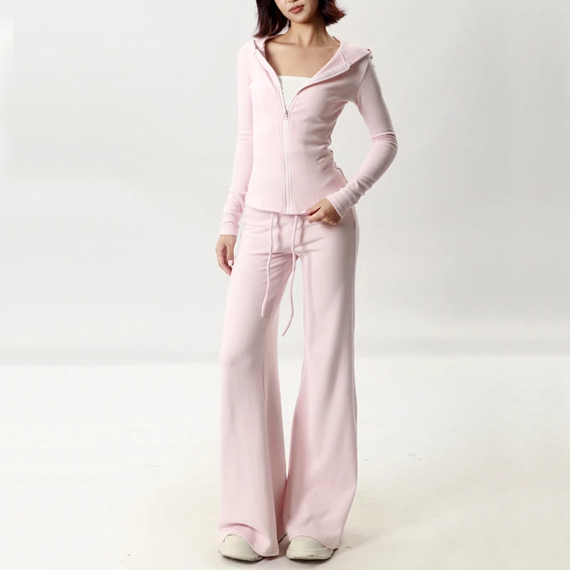 Women's Light Weight Fleece Zip Through Hoodie And Fleece Flare Joggers Co-ord Tracksuit