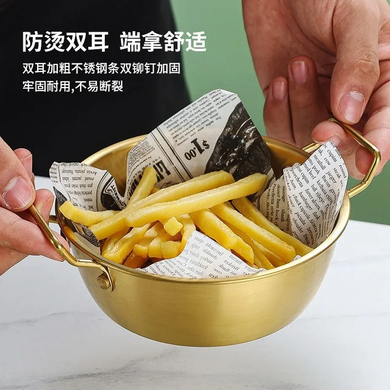 1pc 304 Stainless Steel Golden Instant Noodle Bowl Korean Rice Wine With Handle Salad Snack and French Fry