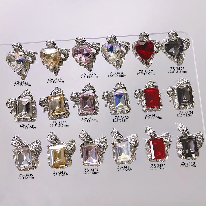 10PCS 3D Luxury Alloy Bow Nail Art Love Heart Charms Rectangular Rhinestone Accessories For Manicure Nails Decoration Supplies