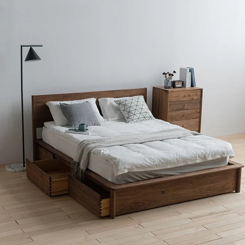 Nordic solid wood bed 1.5 meters 1.8 oak box storage drawer air pressure box black walnut