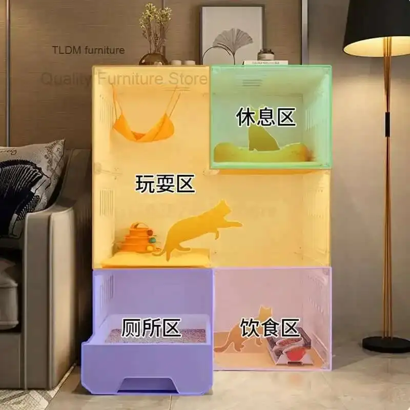 

Home Cat Cages Cat Litter Box Integrated Transparent Cat Villa Indoor Fence Pet Cabinet with Closed Toilet Pet House Ek