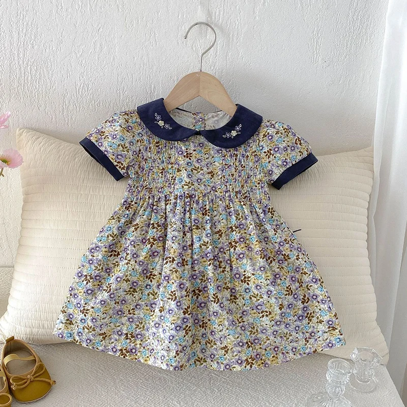 2026 New Summer Sister Clothing 1-4Yrs Baby Girl Party Dress Short Sleeved Cotton Flower Print Kids Princess Dresses