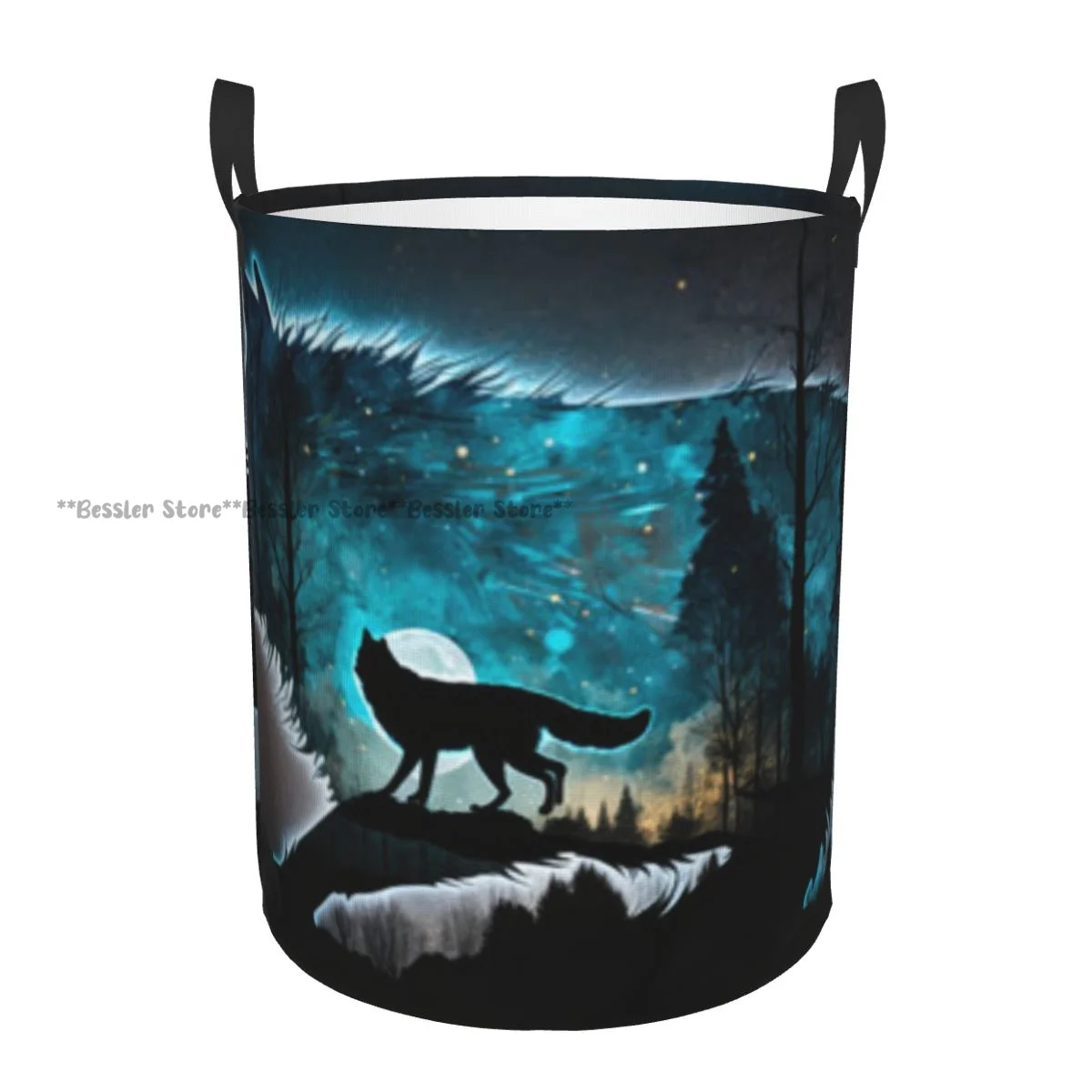 Wolf Running Through Forest With Moon And Stars Waterproof Storage Bag Household Dirty Laundry Basket Folding Clothes Organizer