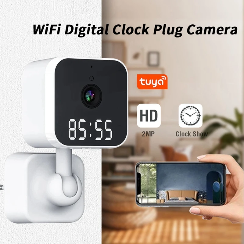 

Tuya Wifi Camera With Digital Clock Indoor Home Security Night Vision Video Surveillance Wireless Motion Camera White US Plug