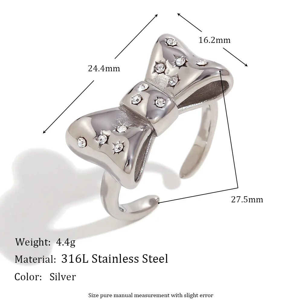 316L Stainless Steel Zircon Embellished Bow Open Ring Fashion Personality Women Good Quality Jewelry Waterproof Accessory Gift