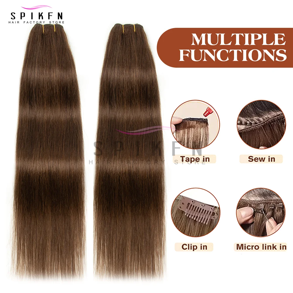 SPIKFN 리얼 천연 금발 인모 헤어 번들 플래티넘 인모 엮임 머리카락 이중 웨프트 50g 12-24인치 블랙 브라운 블론드