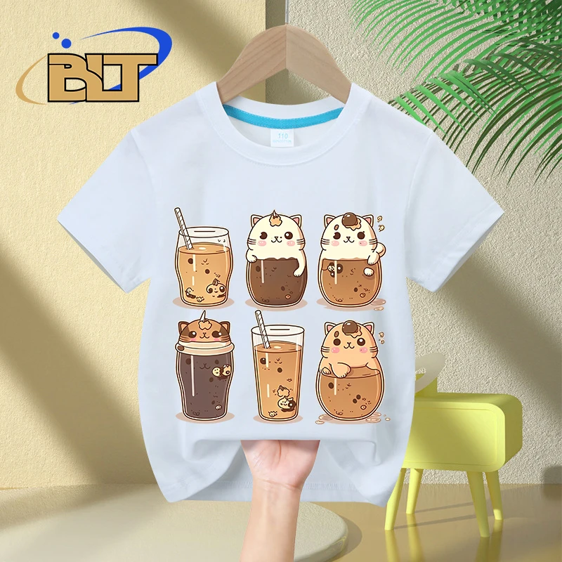 

Summer Ice Caramel Cute coffee and Snarky Kittens printed kidsT-shirt summer children's pure cotton short sleeves