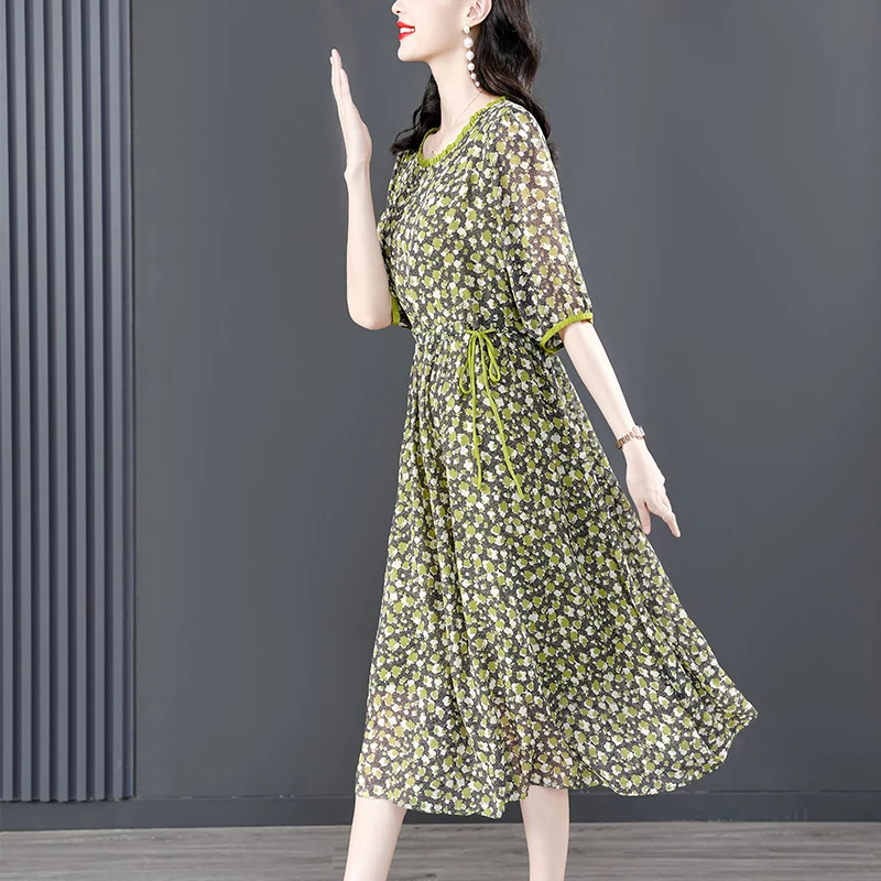 Sommer Neue Blumen Druck Seide Casual Midi Kleid Frauen Elegante Lose Chic Hübsches Kleid Grün Vintage Party Kleider