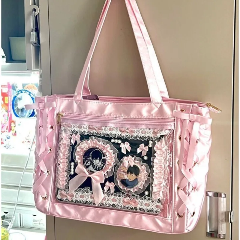 Bolsa Lolita com fita para mulheres sacola de grande capacidade bolsa de ombro estética bolsas transparentes, moda japonesa, mulheres doces, fofas