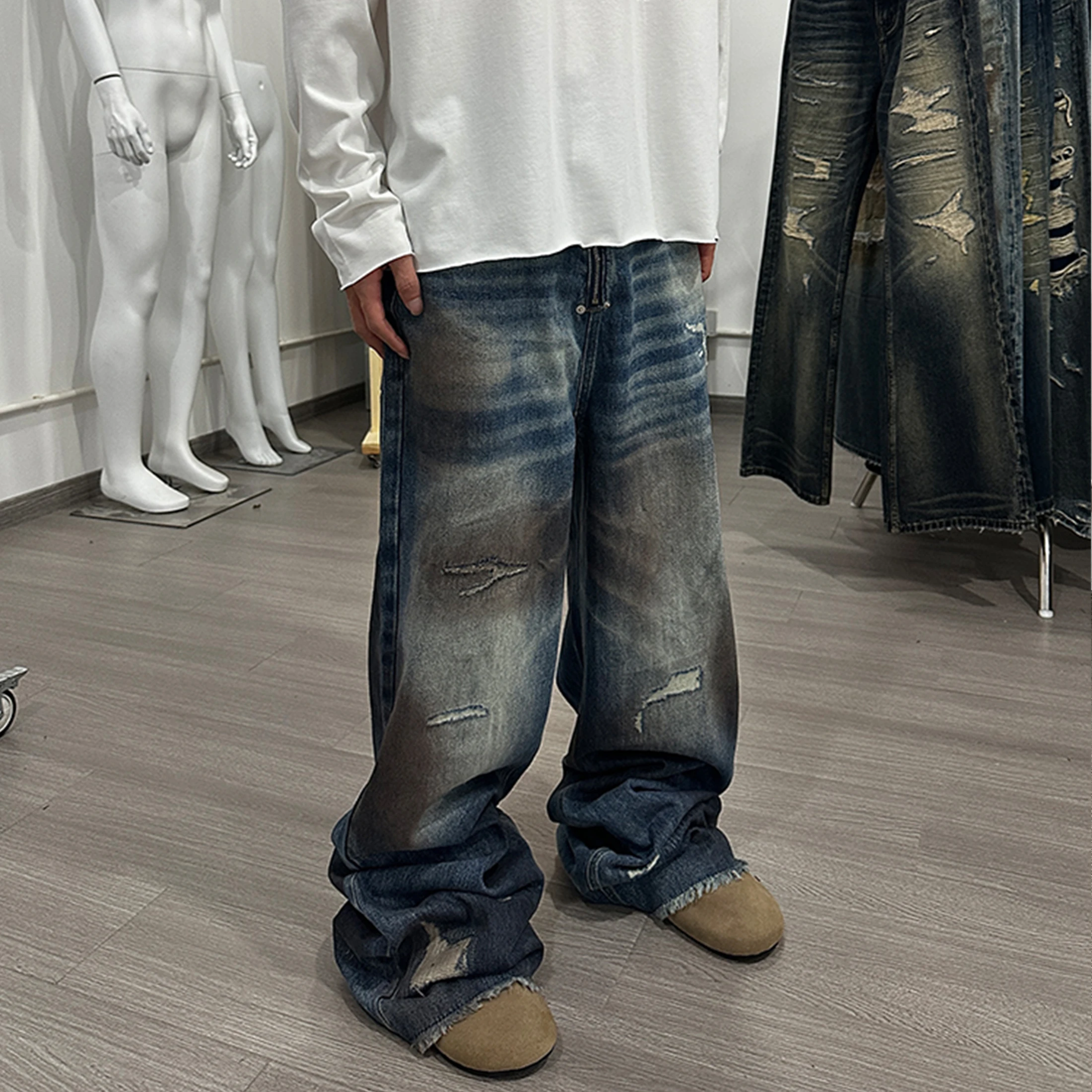 NIGO Men's Spring And Autumn Dirty Vintage Old Denim Jeans High Street Trend Spring And Summer Straight Pants #NGTOP11953