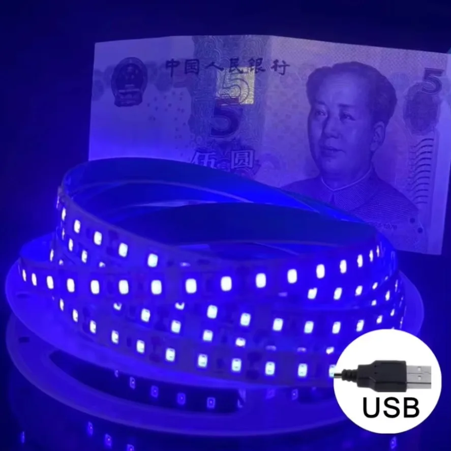UV LED Strip Light 5V Flexible 2835 SMD Purple 395-405nm Ultraviolet Black LED Light Strip For Detect Money Home Christmas Decor