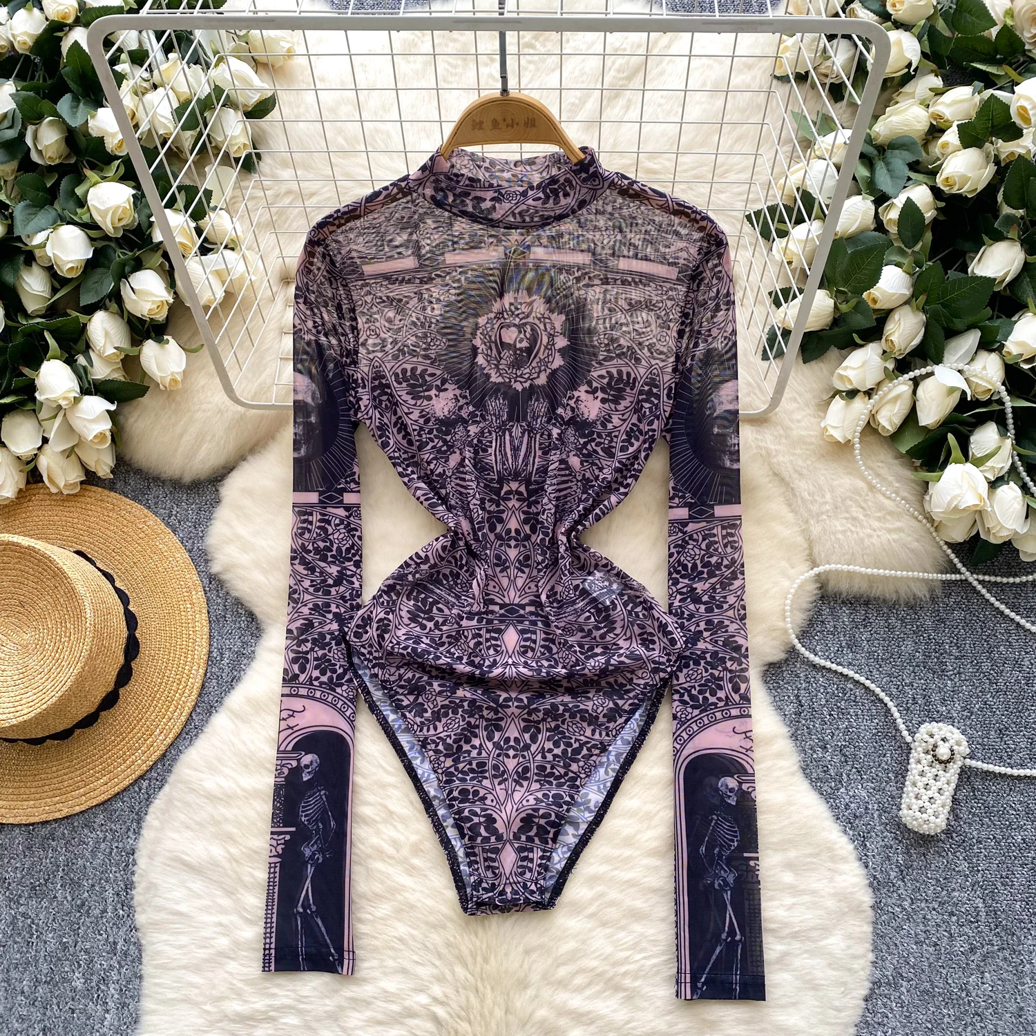 

Women Hotsweet see through print Bodysuits Jumpsuits Slim Top Rompers Summer Beach Sexy Clothing