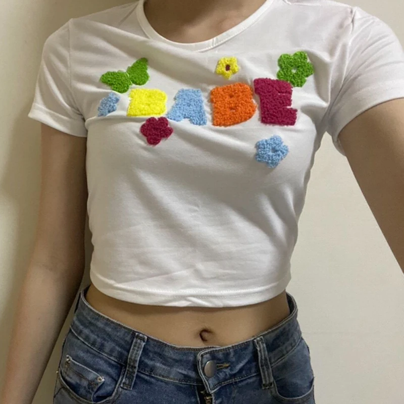 Y2k White Cute Babe Letter Flowers Graphic Crop Top Women T Shirts Short Sleeve Round Neck Slim Fit Casual For Summer