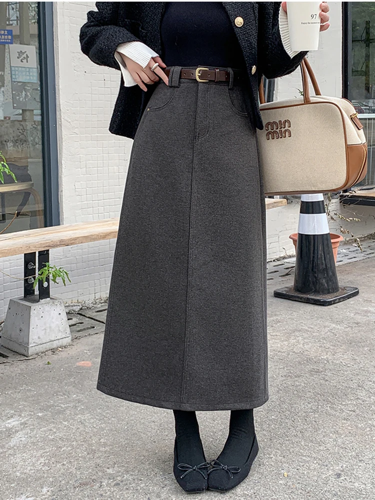 تنورة طويلة كلاسيكية عالية الخصر للسيدات 2025 تنانير صوفية شتوية دافئة مع حزام مستقيم سبليت لف ماكسي تنورة سوداء ورمادية للسيدات