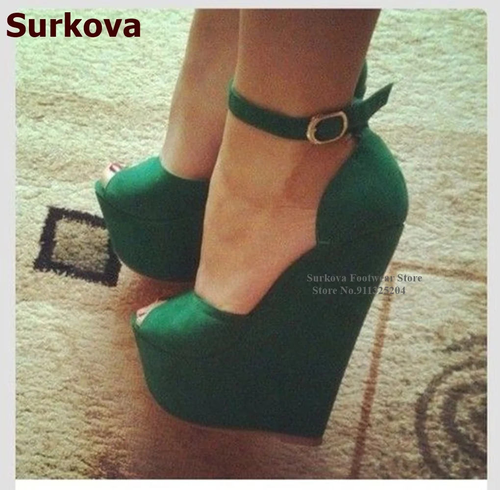 Surkova Red Green Suede Wedge Heel Sandals Open Toe High Platform Summer Dress Shoes Ankle Buckle Strap Banquet Pumps Size46