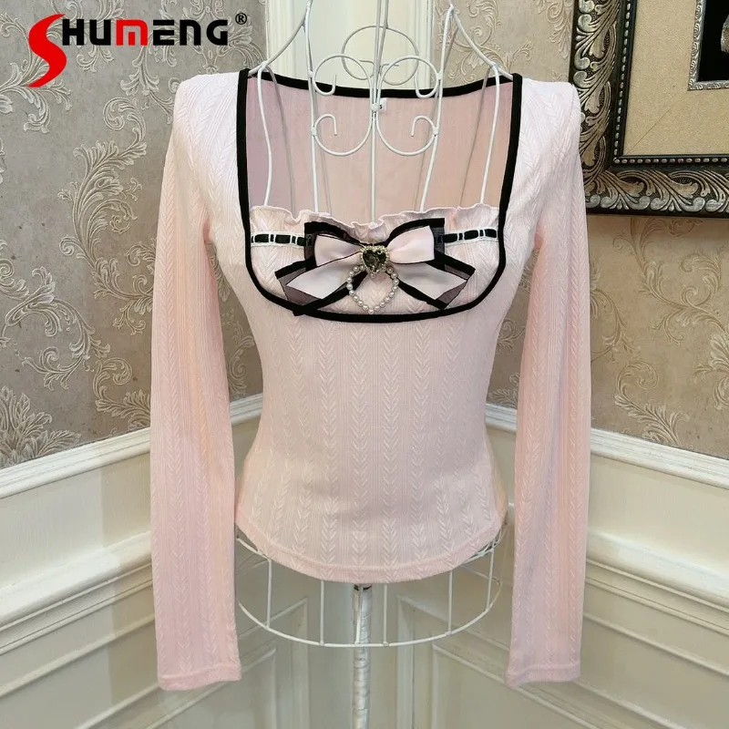 Japanese Lolita Mine Series Heart Bow Love Diamond Contrast Color Slim Fit Short T-Shirt Top Y2k Clothes Long Sleeves Tees Women