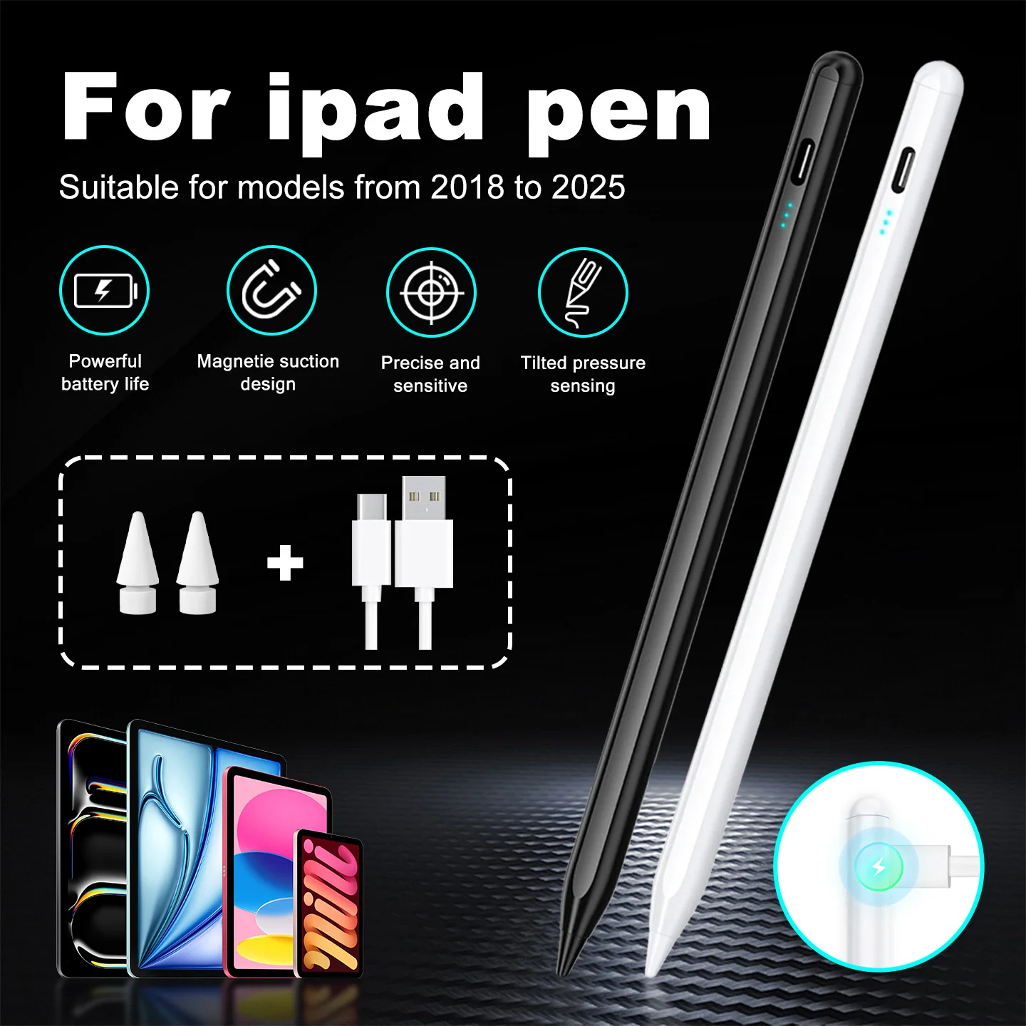 

Magnetic Stylus Pen for iPad 2018-2026, Quick Charge, 15-Hour Battery, Palm Rejection, Side Attachment, iPad Pro/Air/Mini