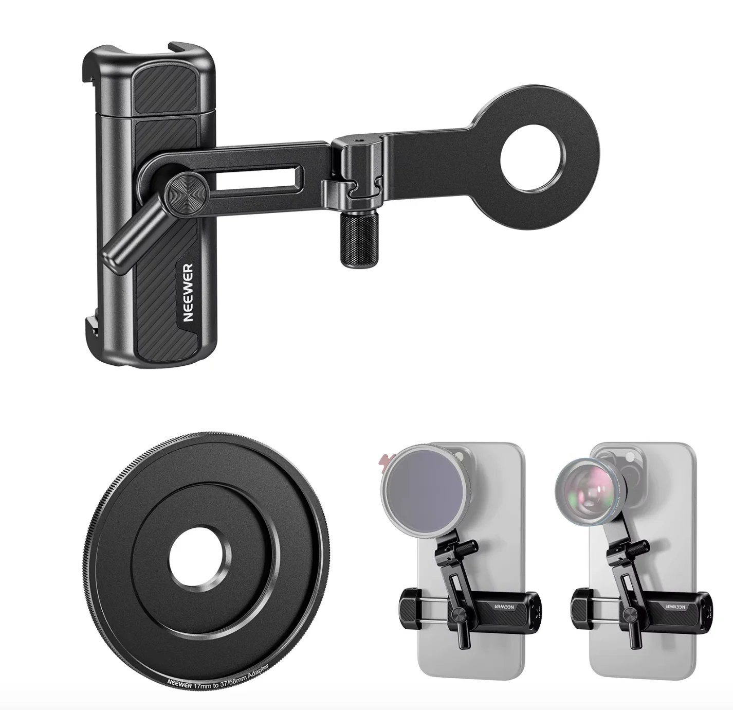 Neewer Universal Phone Camera Lens Clamp for 17mm Phone Lenses with 17mm to 37mm & 58mm Filter Adapter Ring Phone Tripod Mount