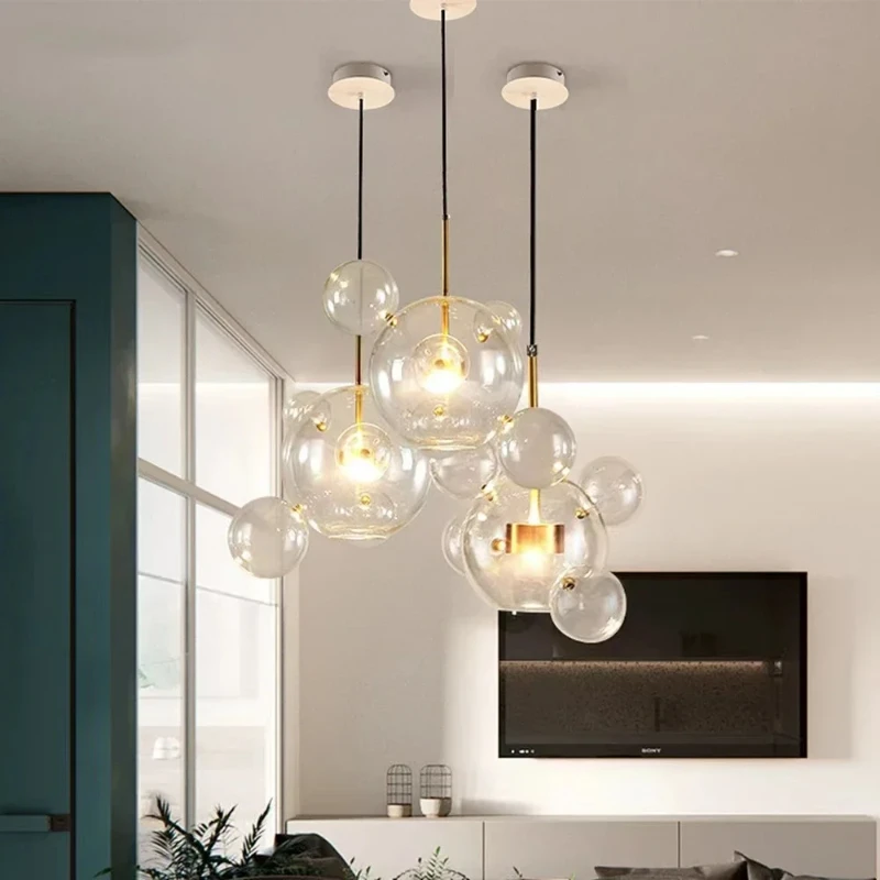 

2025 Modern Clear Mickey Glass chandelier Personality Bubble Ball Black Brass Hanger lustre Ceiling for living room luminaire