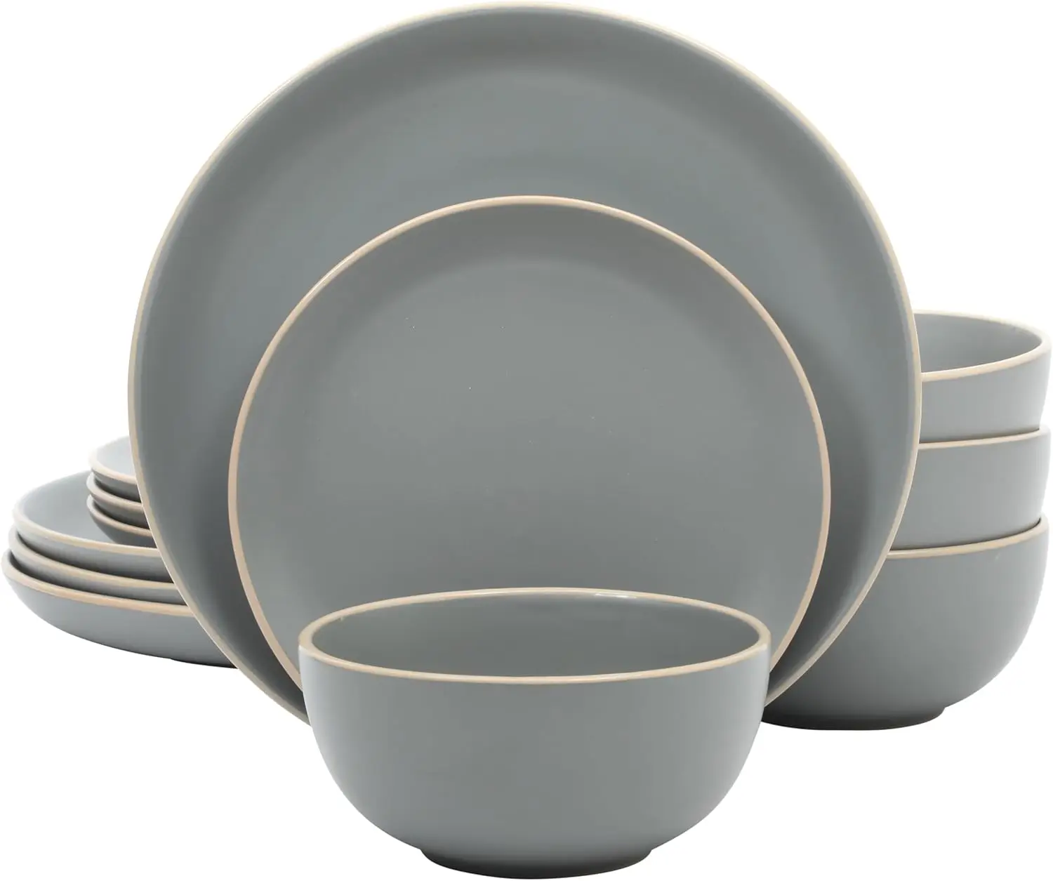 

12-Piece Stoneware Dinnerware Set, Matte Finish, Service for 4, Microwave & Dishwasher Safe - Soft Gray