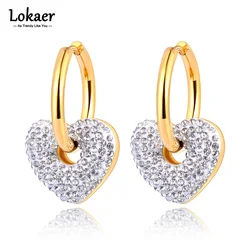 Lokaer Sparkling Black/White Rhinestone Heart Hoop Earrings For Women Stainless Steel Wedding Earrings For Brides серьги E23072