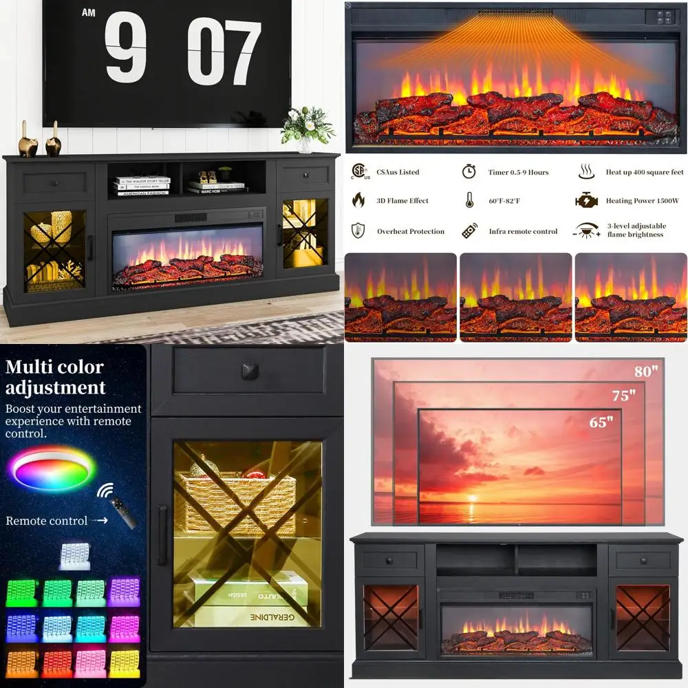 

70 Modern 34 Electric Fireplace TV Stand for 80 TVs, Entertainment Center with LED Lights & Glass Doors