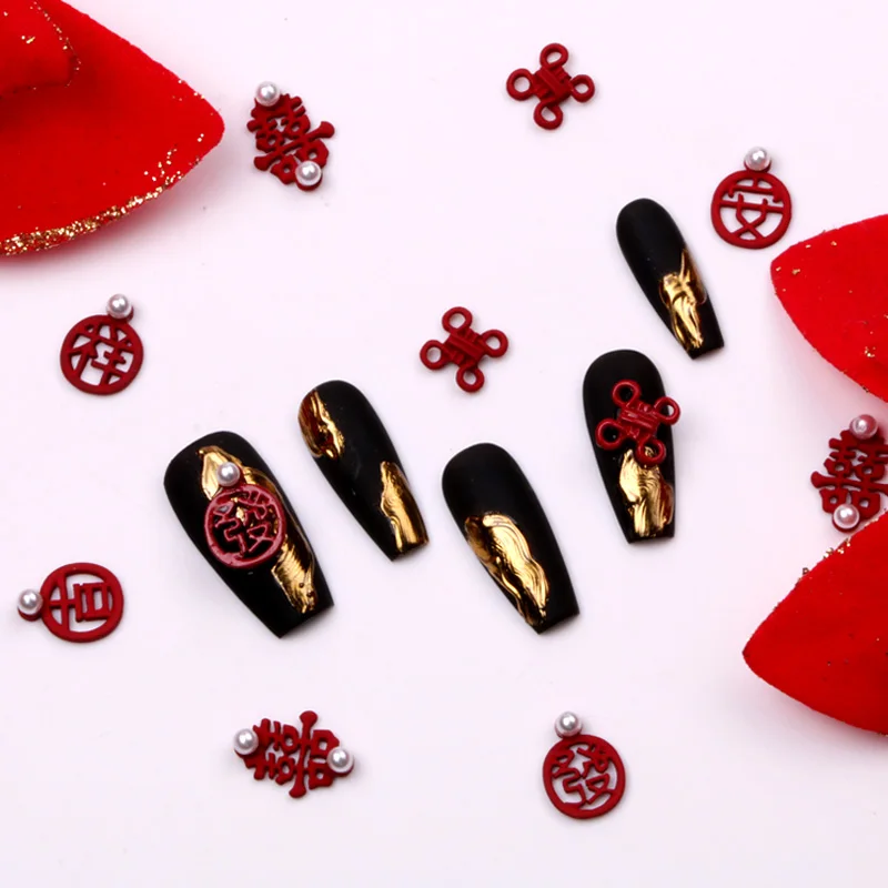 TSZS 10pcs Red Chinese Style Wedding Nail Art Decorations Good Luck Chinese Tradition Alloy Nail Art Rhinestones