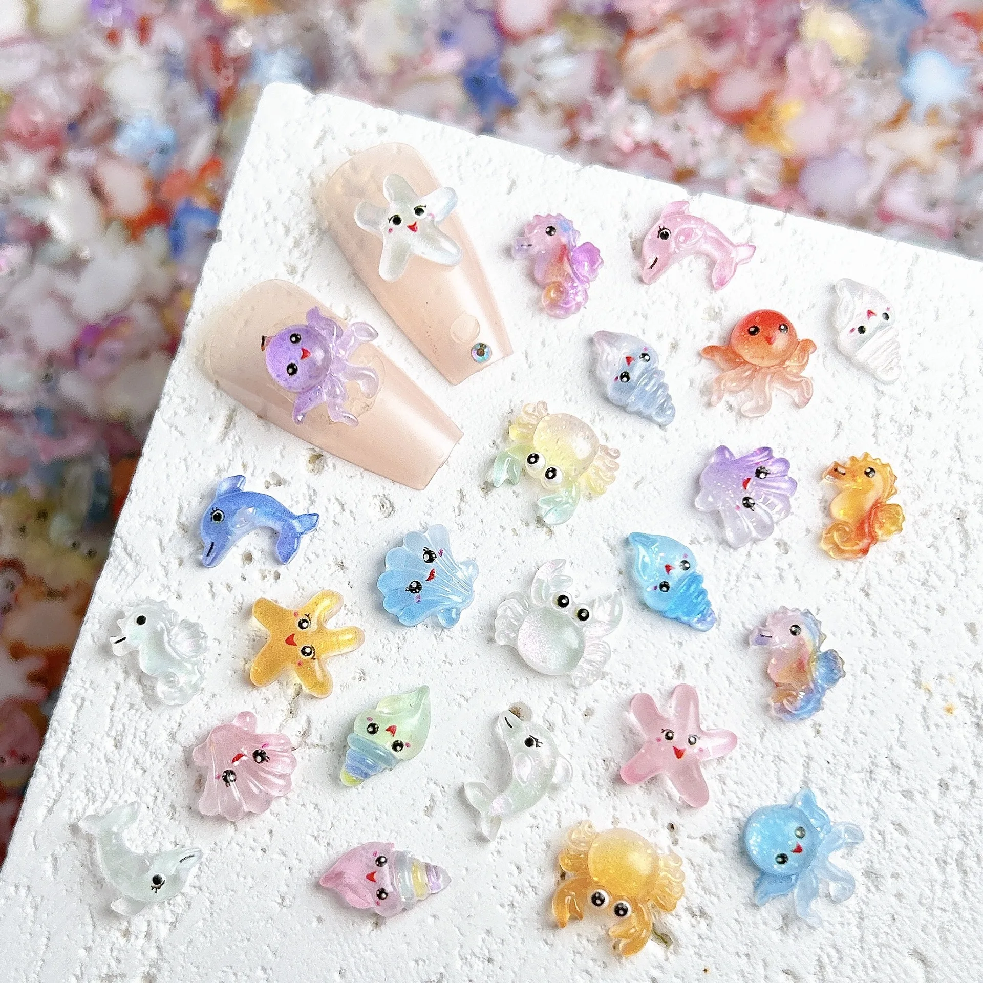 30PCS Multiple Style Cute Octopus Conch Resin Nail Art Decorations Cartoon Luminous Big Eye Seastar Dolphin Nail Charms DIY Nail