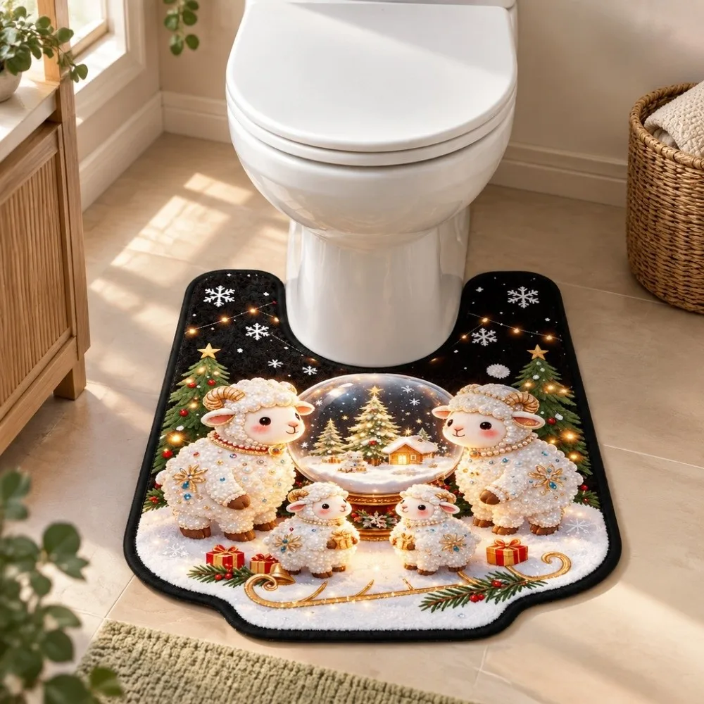 Christmas Theme Bathroom U-shaped Mat Cartoon Pattern Absorbent Toilet Floor Rug Quick-dry Stain-resistant Bath Mat Household