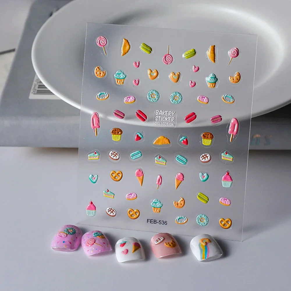 Custom Design Nail Sticker Cute Donut Icecream Bakery 5D Embossed Decal Slider Sticker for Nail Art Decoration Manicure FEB-536