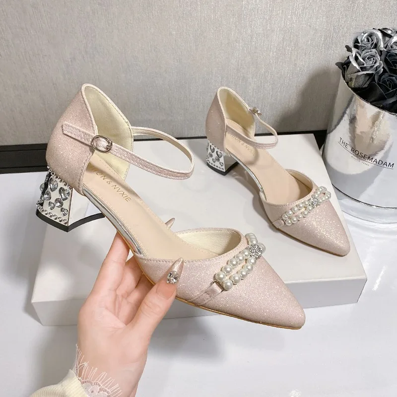 Women's Sandals Summer New Pointy Beaded Buckle Bag with Wedding Heels Stylish Temperament Stiletto Heels Party Shoes - view 2