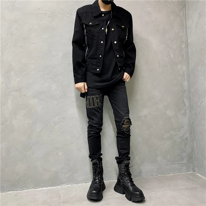 High Street Fashionable Washed Stretch Jeans Fashion Designer Personality Stitching Patch Skinny Pants Boot