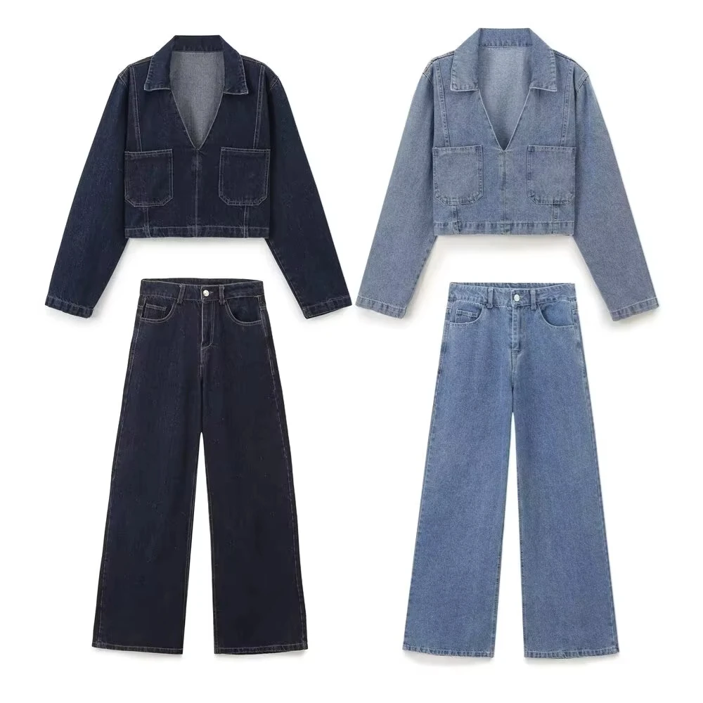 

Autumn Lapel Pocket Women's Fashion Casual Stand Collar Long Sleeve Short Denim Shirt High Waist Wide Leg Jeans Suit