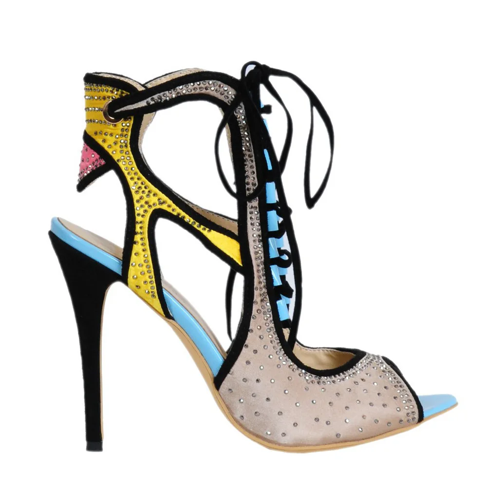Bling Crystal Patchwork Peep Toe Summer Women Sandals Stiletto High Heels Lace Up Design Large Size Romen Style Shoes