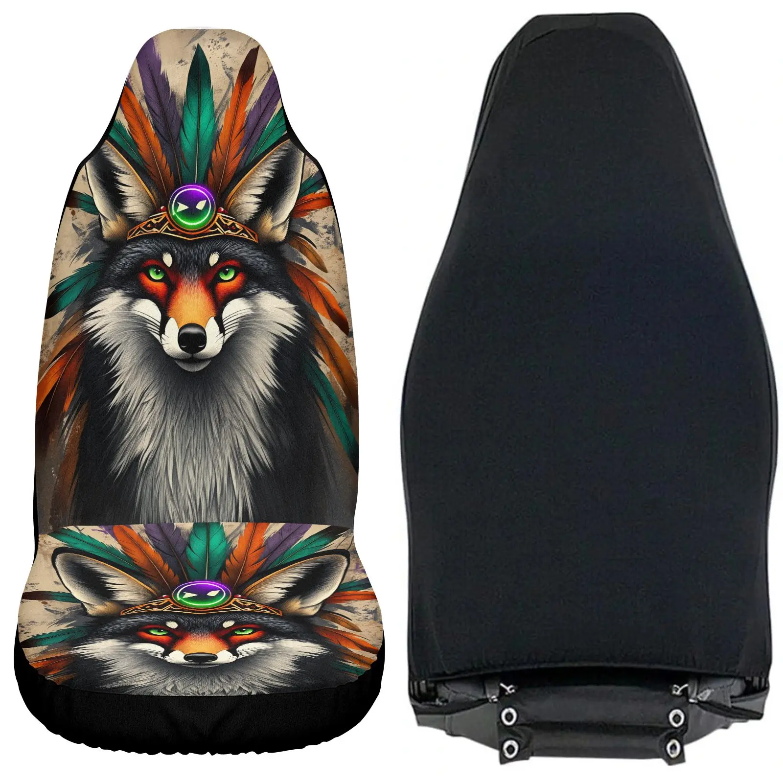 Set Of Car Seat Covers Featuring A Wolf Design With A Feather Headdress, Available In Black And Multicolor, Suitable For Univers