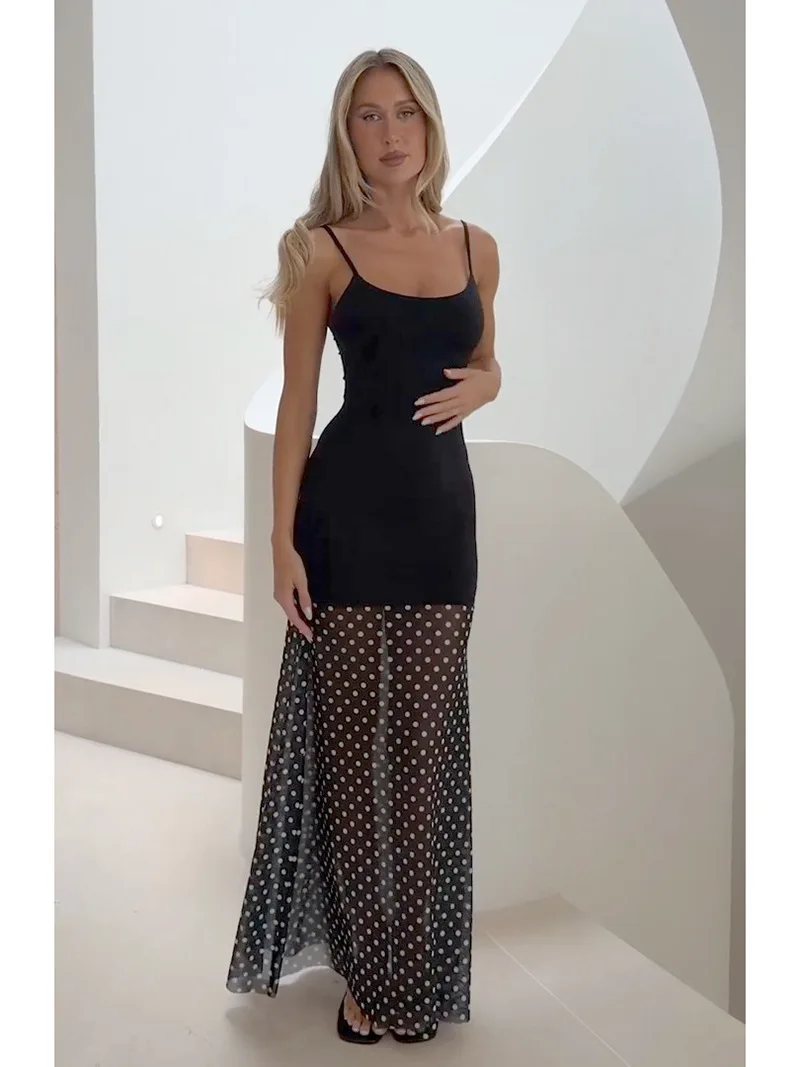 Fashion Women's See-Through Polka Dot Long Dresses Elegant High Waist Solid Spaghetti Strap Maxi Dress 2026 Summer Streetwear