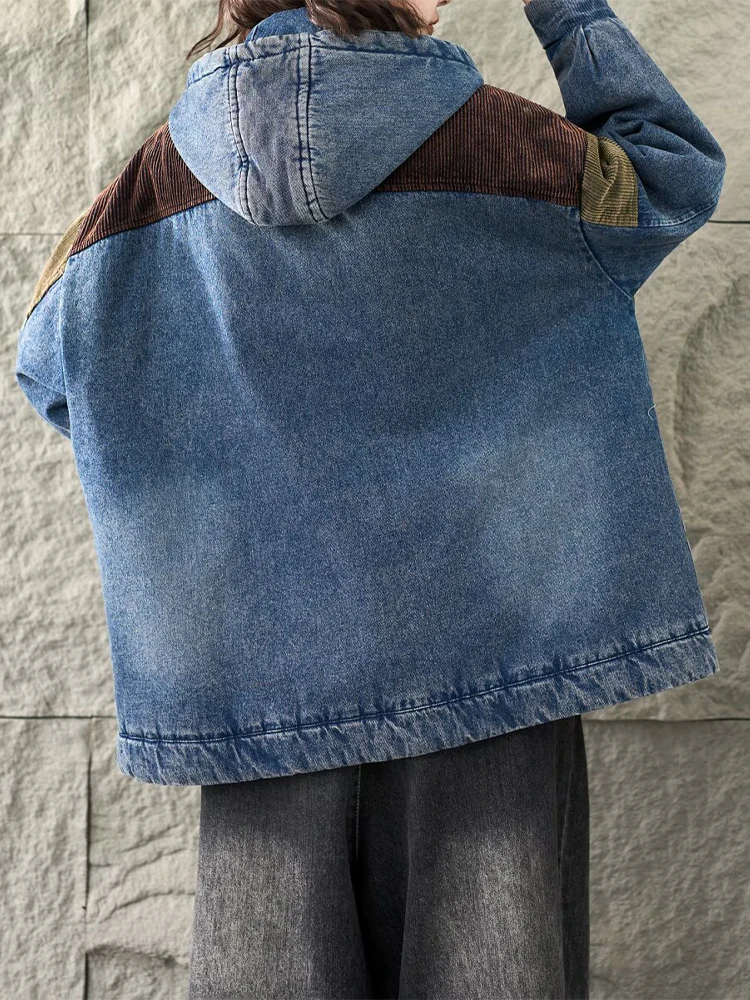 Amax lulue inverno moda feminina com capuz denim veludo acolchoado casacos femininos vintage jaquetas de grandes dimensões casual engrossar quente parkas