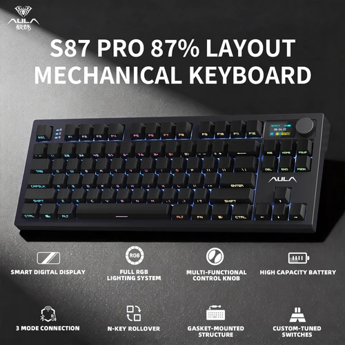 Teclado mecánico AULA S87 PRO, retroiluminación RGB personalizada, teclado inalámbrico para juegos Bluetooth con perilla de pantalla, junta de intercambio en caliente