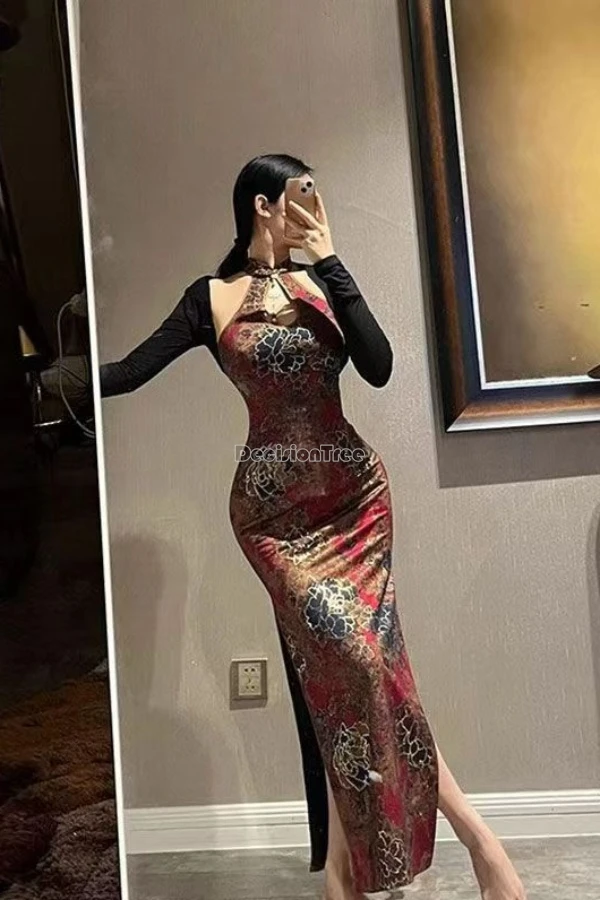 

2025 retro new chinese improved sexy fashion style slit cheongsam sleeveless hollow out design slimming women long qipao dress