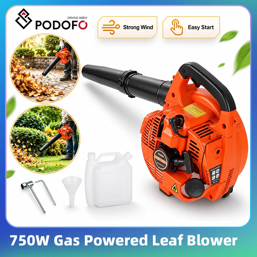 Podofo Handheld Powerful Leaf Blower 750W Gas Powered Air Blower 2 Stroke Engine 26CC 380CFM Snow Blower 7500RPM for Leaves Snow Cleaning