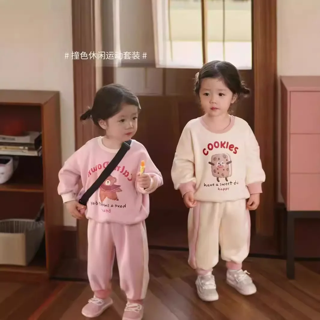 

Autumn Children Girl 2PCS Clothes Set Cotton Cartoon Print Kids Girl Sweatshirt Outfit Spliced Little Girl Sporty Pant Tracksuit