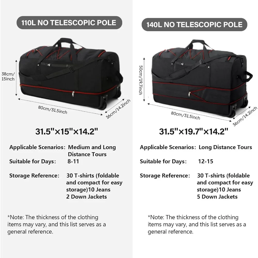 حقيبة سفر ناعمة قابلة للتوسيع 110 لتر-140 لتر مع عجلتين، قماش أكسفورد 32 × 1680D، أسود-أحمر #3